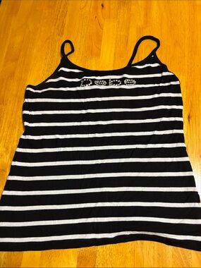 bebe Black and White Striped Rhinestone Logo Cami